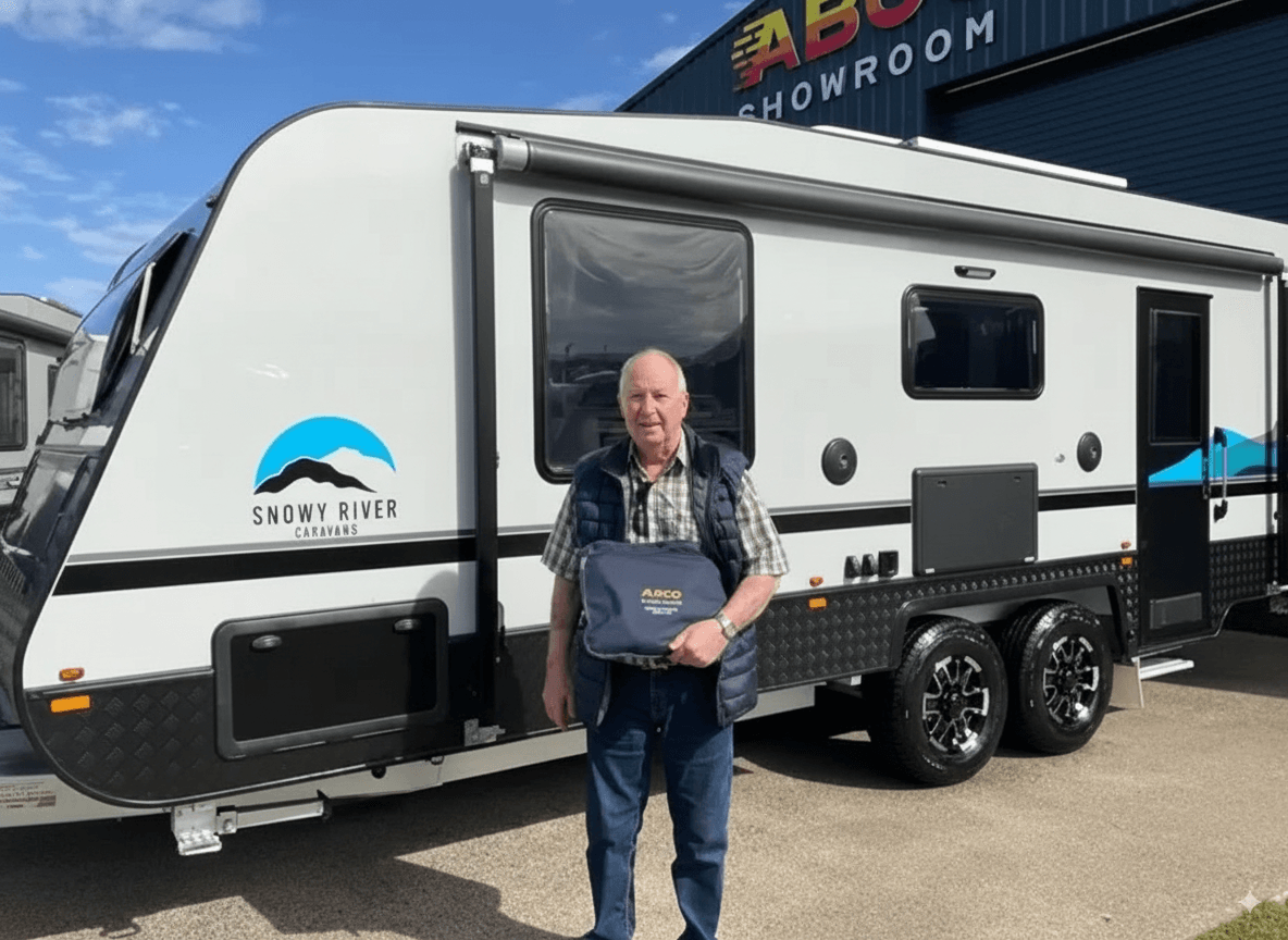 Happy GO2 Finance customer with their new Snowy River caravan